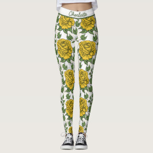 Leggings Nombre personalizado de patrón amarillo floral sin