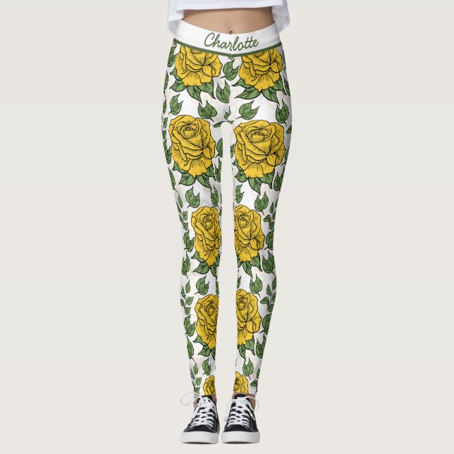 Leggings Nombre personalizado de patrón amarillo floral sin (Anverso)