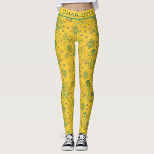 Leggings Nombre personalizado de patrón amarillo floral sin