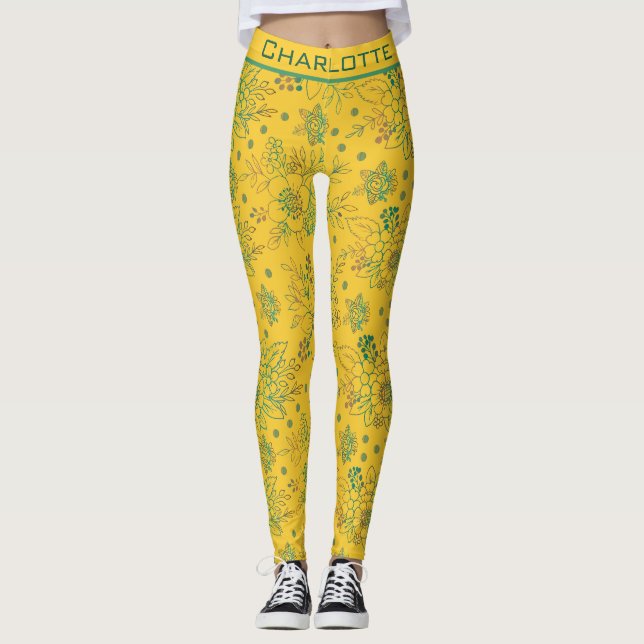 Leggings Nombre personalizado de patrón amarillo floral sin (Anverso)
