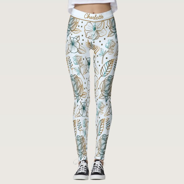 Leggings Nombre personalizado de patrón floral de flor colo (Anverso)