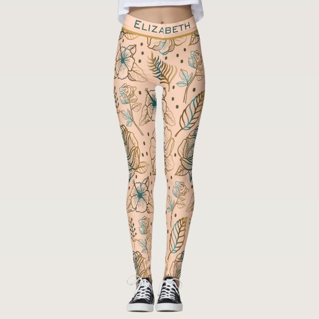 Leggings Nombre personalizado de patrón sin soldadura dorad (Anverso)