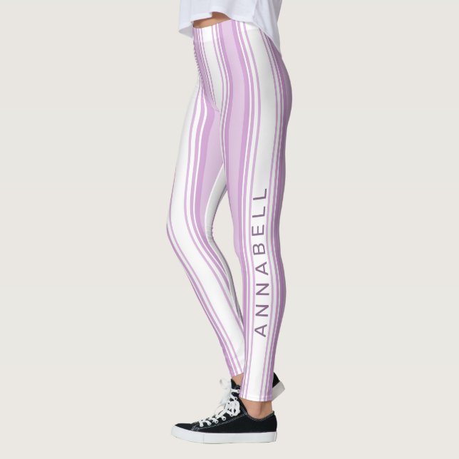 Leggings Nombre personalizado de rayas verticales moradas y (Izquierda)
