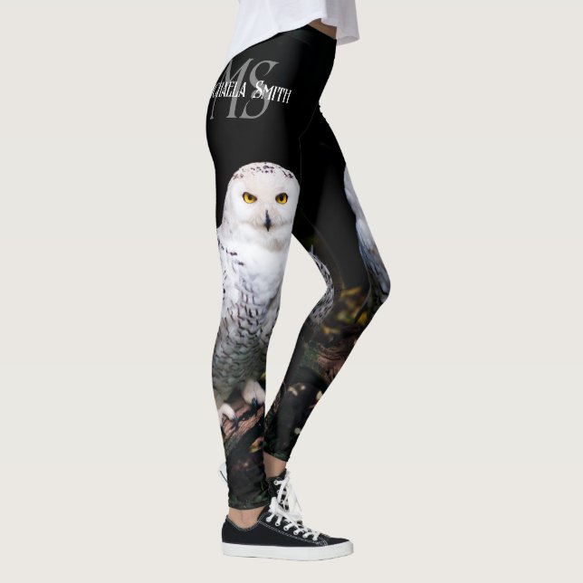 Leggings Nombre personalizado del monograma de búho de niev (Derecha)