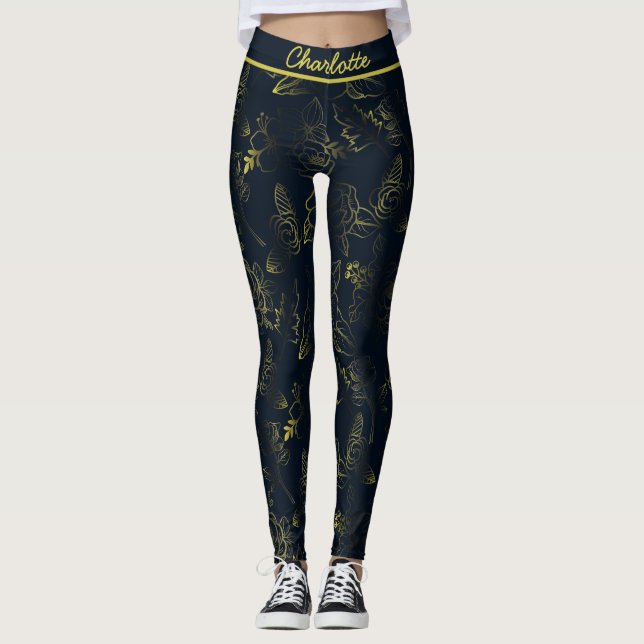 Leggings Nombre personalizado del patrón floral gradiente d (Anverso)
