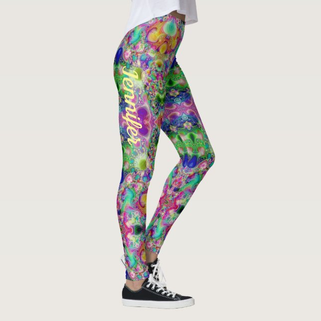 Leggings Nombre personalizado del patrón fractal turquesa p (Derecha)