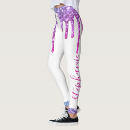 Leggings Nombre personalizado del purpurina azul morado ros