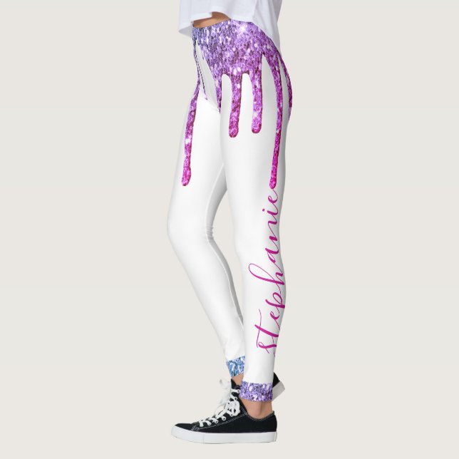 Leggings Nombre personalizado del purpurina azul morado ros (Izquierda)