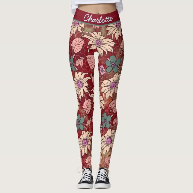 Leggings Nombre personalizado patrón floral sin soldadura r (Anverso)