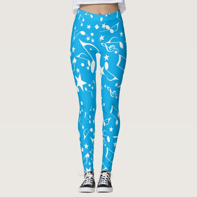 Leggings Notas musicales blancas sobre las piernas azules (Anverso)