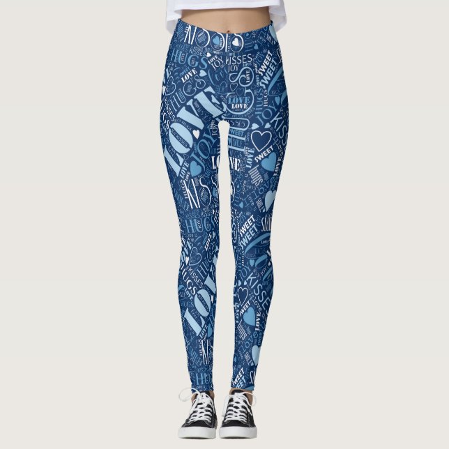 Leggings Nube de palabras de abrazos y besos Azul ID286 (Anverso)