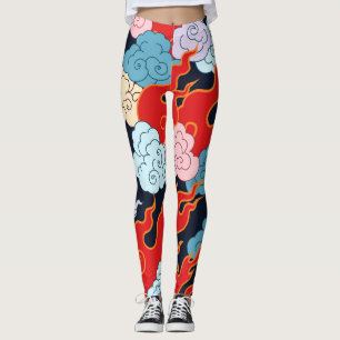 Leggings Nubes, llamas: Patrón de cosecha negra.
