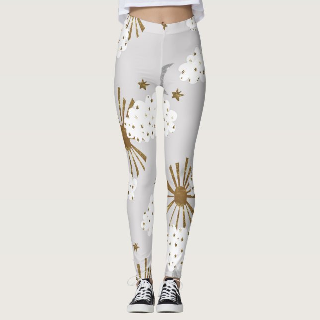 Leggings Nubes, sol y luna, patrón minimalista. (Anverso)