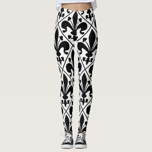 Leggings Obra clásica francesa de la flor de lis blanco y (Anverso)