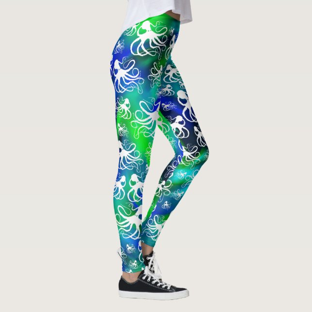 Leggings Octopus Blanco Sobre El Verde Azul - Piernas (Derecha)