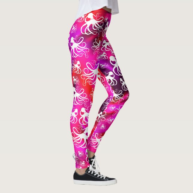 Leggings Octopus Blanco Sobre Rosa Caliente Y Púrpura - Pie (Derecha)