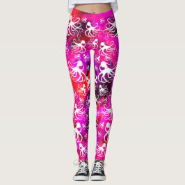 Leggings Octopus Blanco Sobre Rosa Caliente Y Púrpura - Pie