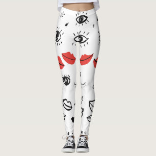 Leggings Ojos de cosecha, patrón de labios rojos.
