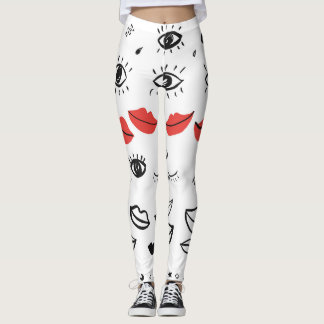 Leggings Ojos de cosecha, patrón de labios rojos.