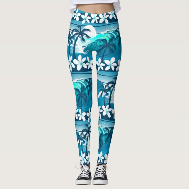 Leggings Ola de surf tropical con palmeras (Anverso)