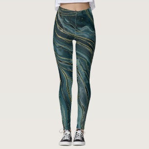 Leggings Olas abstractas de acuarela azul teal dorado