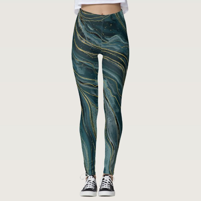 Leggings Olas abstractas de acuarela azul teal dorado (Anverso)