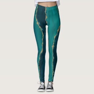 Leggings Olas de Ágata Teal – Mármol Abstracto con Oro