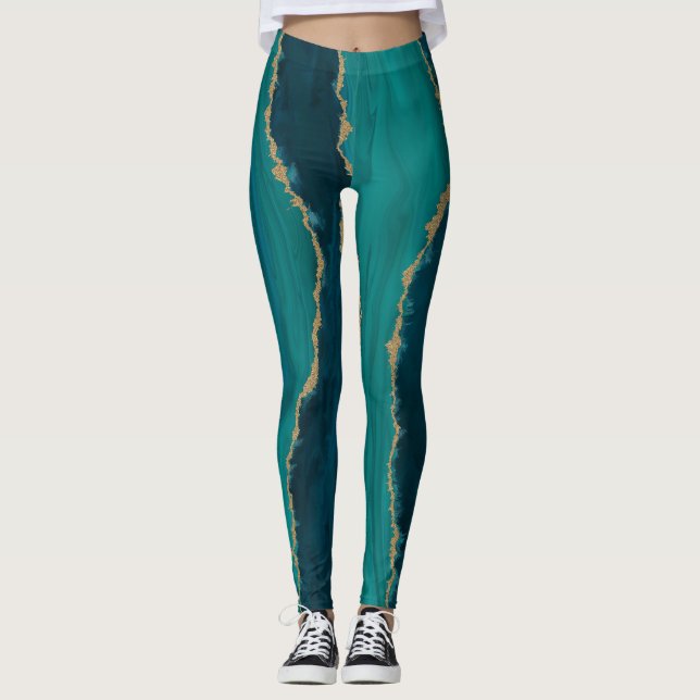 Leggings Olas de Ágata Teal – Mármol Abstracto con Oro (Anverso)