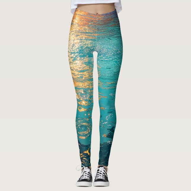 Leggings Olas de agua abstractas con luz solar dorada (Anverso)
