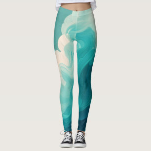 Leggings Olas Fluyentes Abstractas en Verde Azul y Blanco