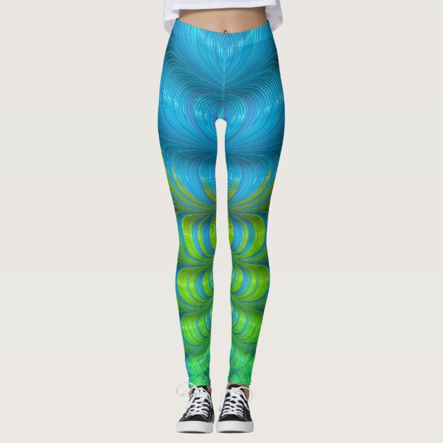 Leggings Olas plegadas de abstracto fractal verde y azul (Anverso)