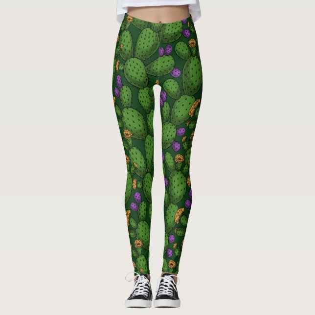 Leggings Opuntia florida sobre verde oscuro (Anverso)
