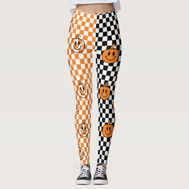 Leggings Orange Black Retro Rad Pumpkin Checkered Halloween (Anverso)