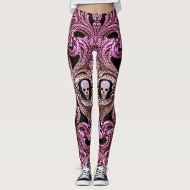 Leggings Ornamento rosa gótico con cráneo