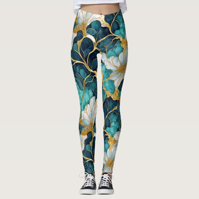 Leggings Oro azul floral Verde azulado japonés (Anverso)