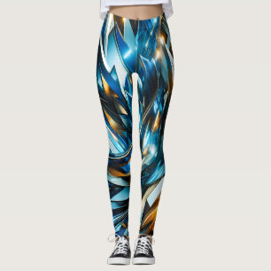 Leggings Oro Azul Futurista Abstracto Metálico Geométrico