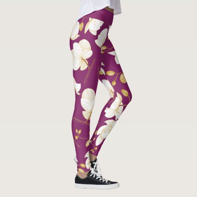 Leggings Oro, blanco y magenta elegante orquídea floral mod (Derecha)