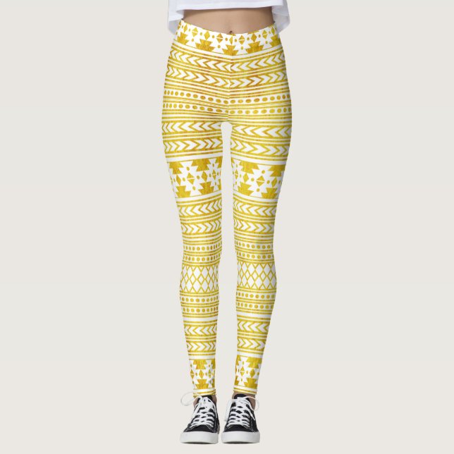 Leggings Oro elegante y tribal azteca blanco (Anverso)