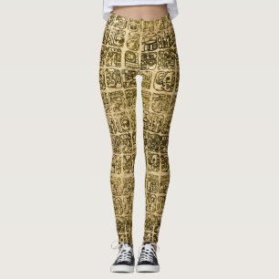 Leggings Oro maya y azteca de los glyphs en textura del