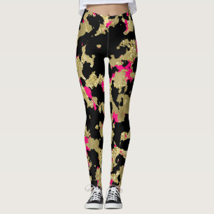 Leggings Oro Negro Brillo Rosa Caliente Abstracto Pelado Gl