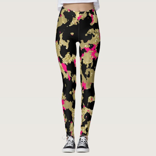 Leggings Oro Negro Brillo Rosa Caliente Resbalando Glam (Anverso)