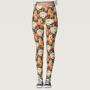 Leggings Oro Rojo y Floral de marfil
