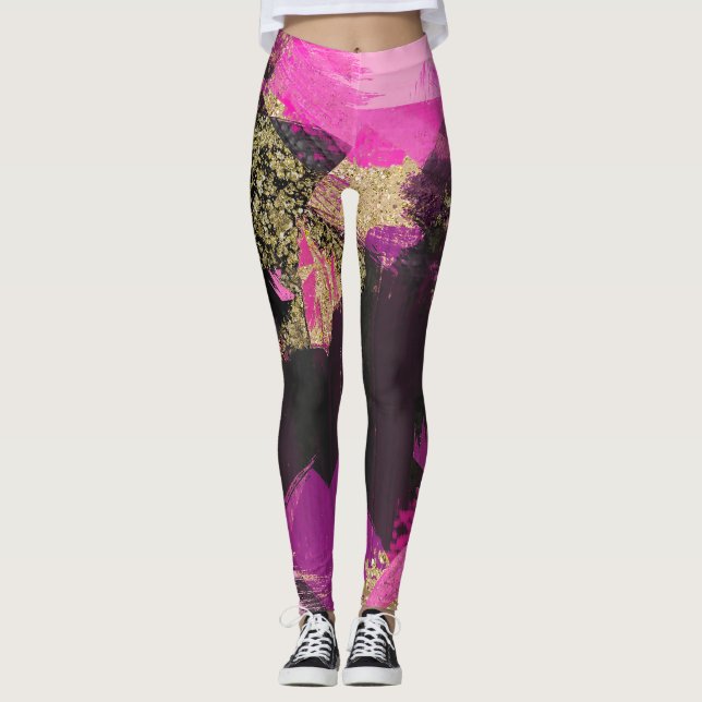Leggings Oro rosa negro brillo moderno pincel glam grunge (Anverso)