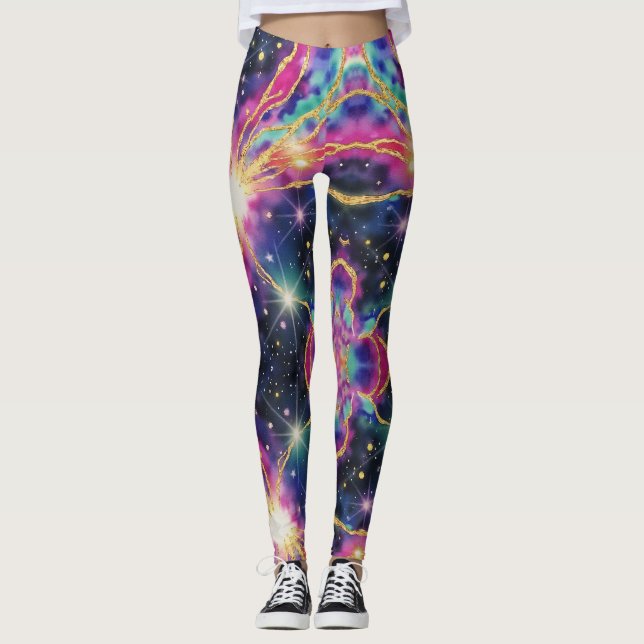 Leggings Oro verde azulado contra una galaxia fondo profund (Anverso)