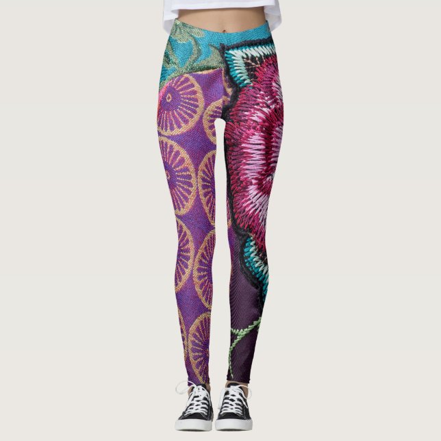 Leggings oro verde azulado rosa púrpura Rosa floral boho (Anverso)
