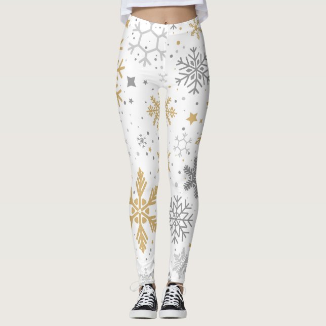 Leggings Oro y copos de nieve grises en fondo blanco (Anverso)