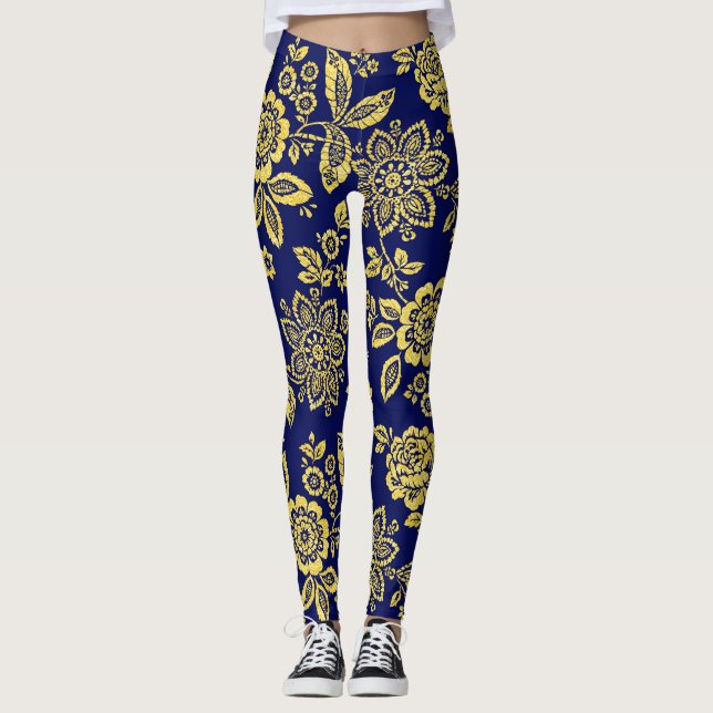 Leggings Oro y marina, estilizado esténcil floral (Anverso)