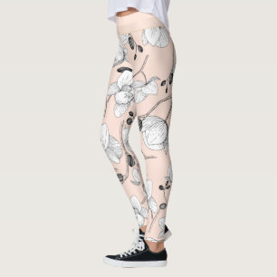 Leggings Orquídea floral moderna elegante en blanco y negro