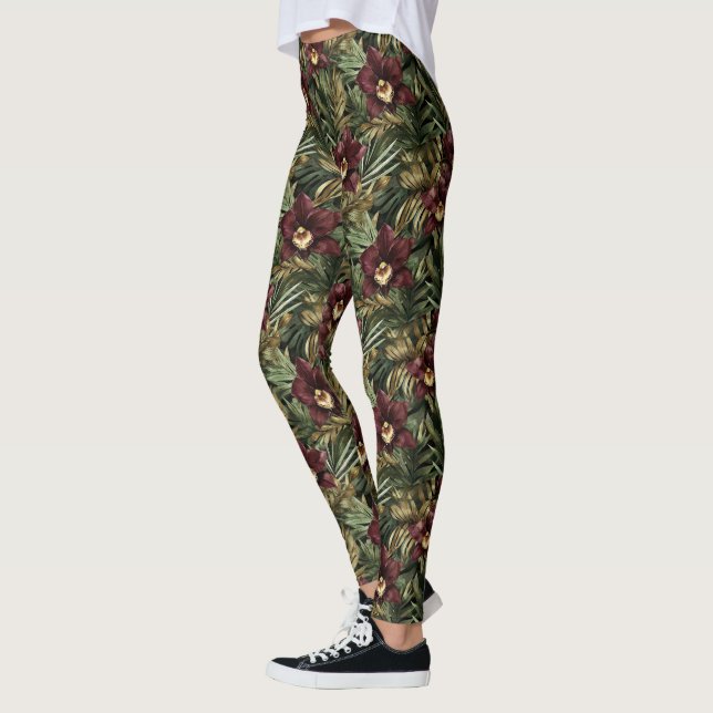 Leggings Orquídea floral tropical roja de Borgoña  (Izquierda)