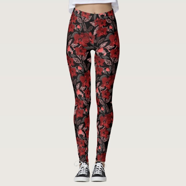 Leggings orquídeas rojas sobre negro. (Anverso)